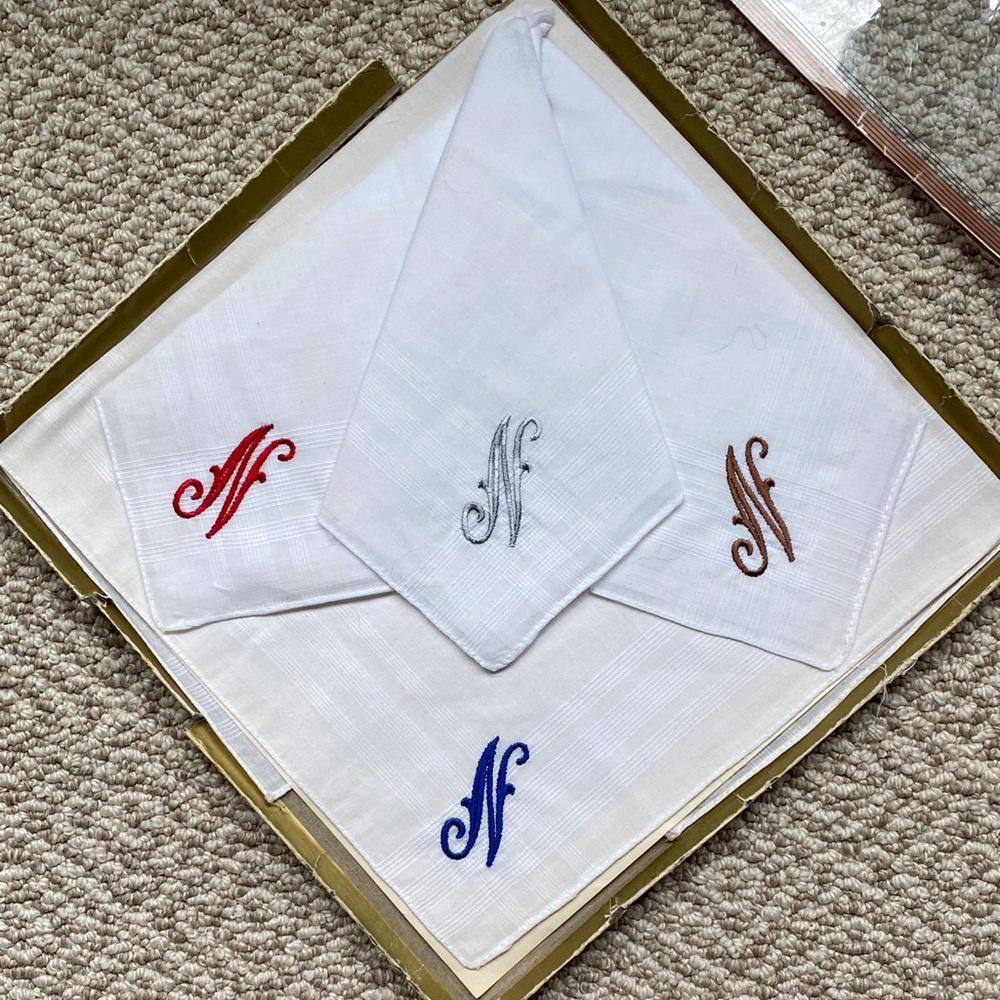 Vintage Embroidered Initial 'N' White Handkerchief Set - Multicolor Monogram